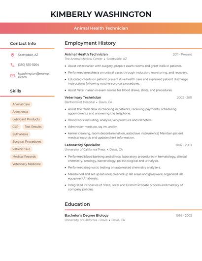 Animal Health Technician Resume