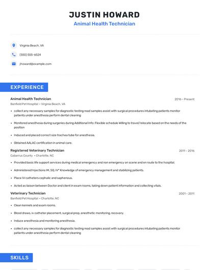 Animal Health Technician Resume