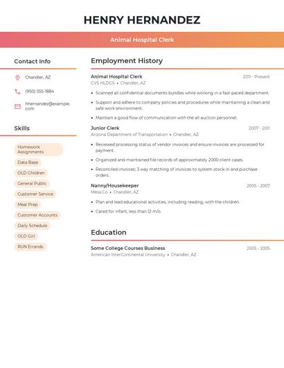 Animal Hospital Clerk Resume