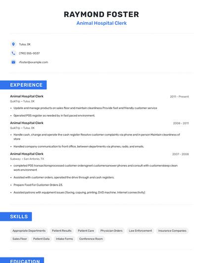 Animal Hospital Clerk Resume