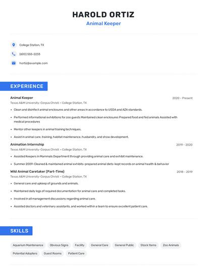 Animal Keeper Resume