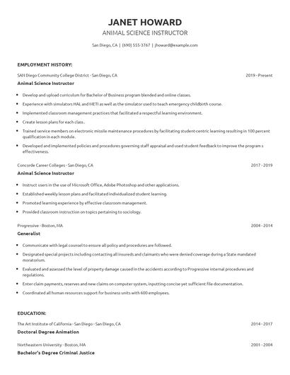 Animal Science Instructor Resume