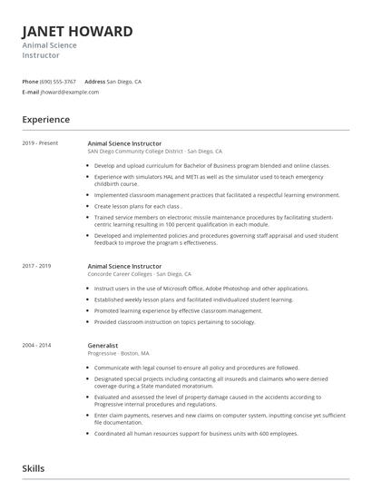 Animal Science Instructor Resume