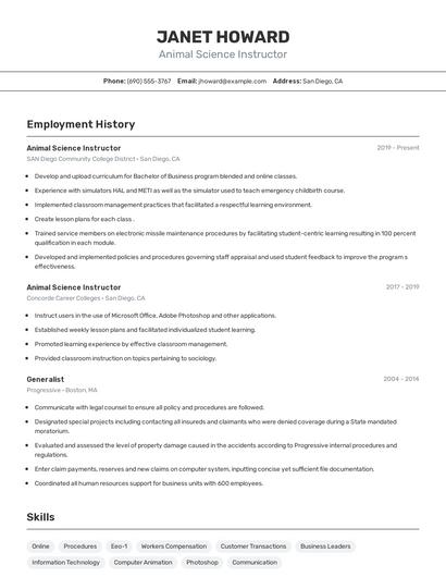 Animal Science Instructor Resume
