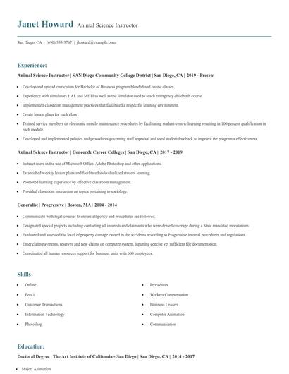 Animal Science Instructor Resume