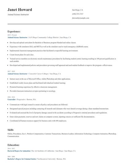 Animal Science Instructor Resume