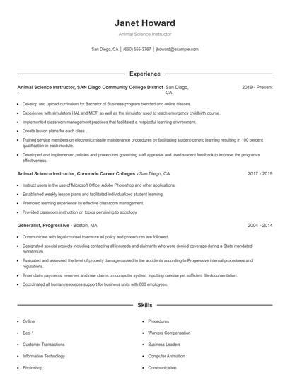 Animal Science Instructor Resume