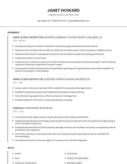Animal Science Instructor Resume