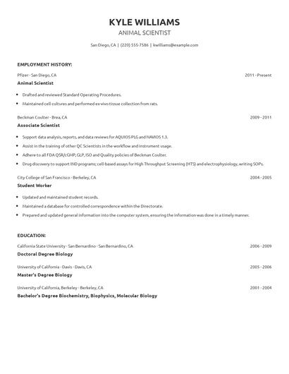 Animal Scientist Resume