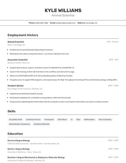 Animal Scientist Resume
