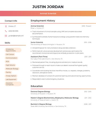 Animal Scientist Resume