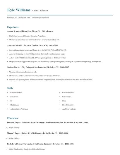 Animal Scientist Resume