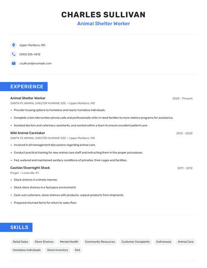 Animal Shelter Worker Resume