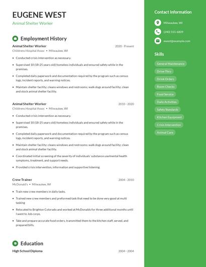 Animal Shelter Worker Resume