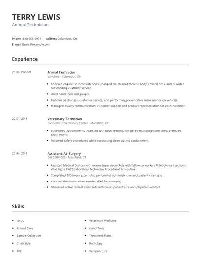 Animal Technician Resume