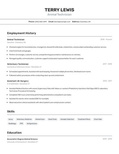 Animal Technician Resume