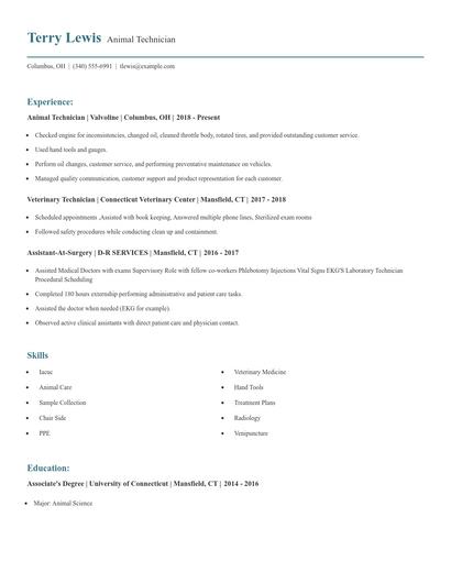 Animal Technician Resume