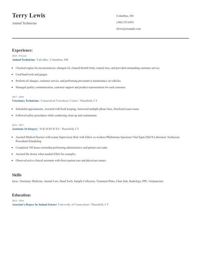 Animal Technician Resume