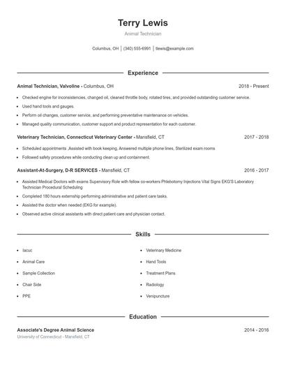 Animal Technician Resume
