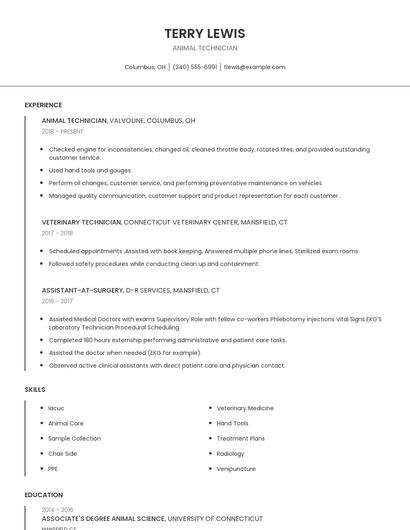 Animal Technician Resume