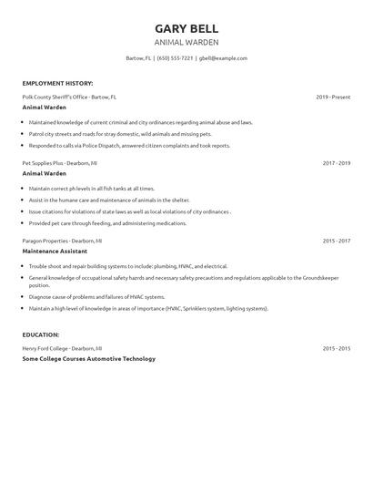 Animal Warden Resume