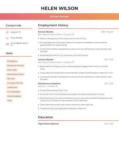 Animal Warden Resume