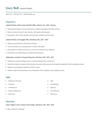 Animal Warden Resume