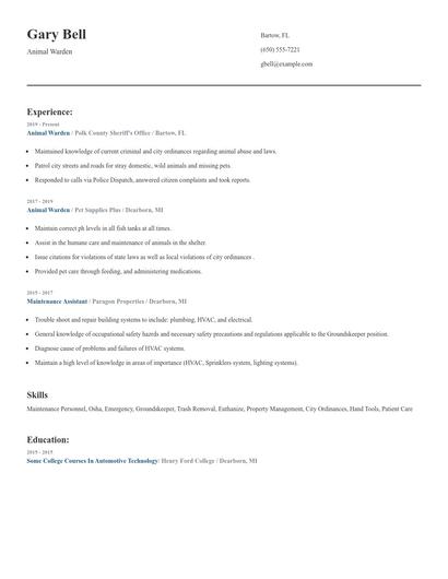 Animal Warden Resume