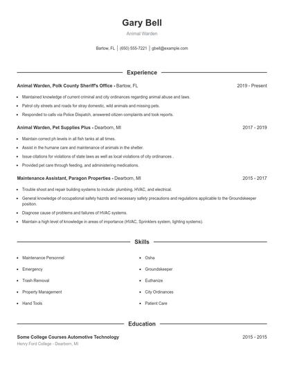 Animal Warden Resume