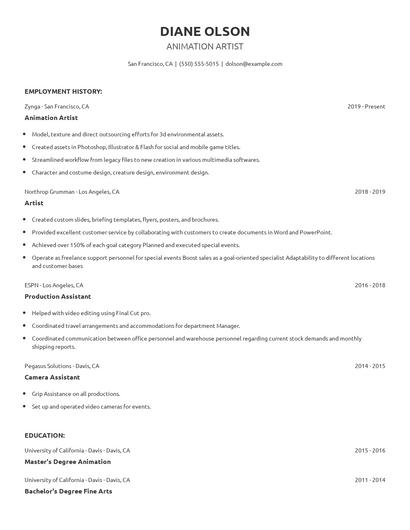 Animation Artist Resume
