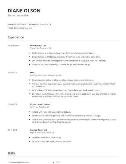 Animation Artist Resume