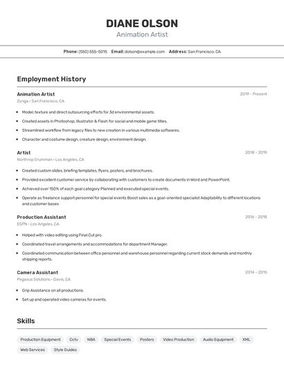 Animation Artist Resume