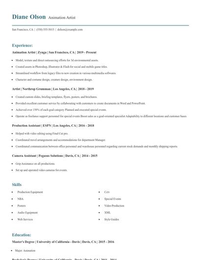 Animation Artist Resume