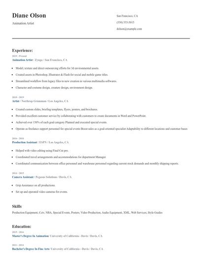 Animation Artist Resume