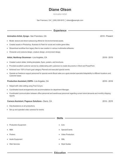 Animation Artist Resume
