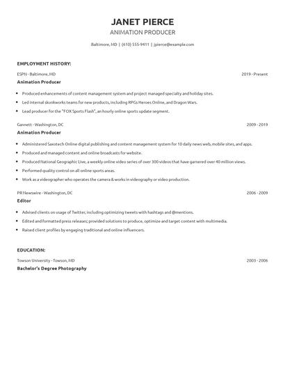 Animation Producer Resume