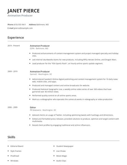 Animation Producer Resume