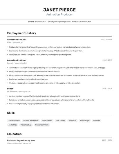 Animation Producer Resume