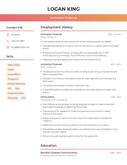 Animation Producer Resume