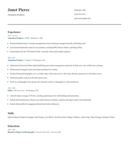 Animation Producer Resume