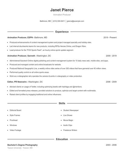 Animation Producer Resume