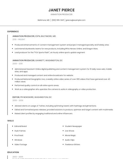 Animation Producer Resume