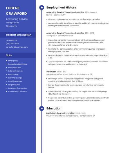 Answering Service Telephone Operator Resume