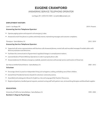Answering Service Telephone Operator Resume