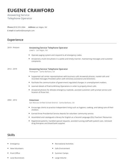 Answering Service Telephone Operator Resume