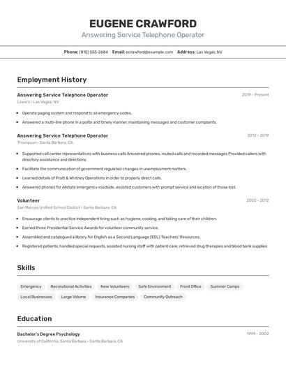 Answering Service Telephone Operator Resume