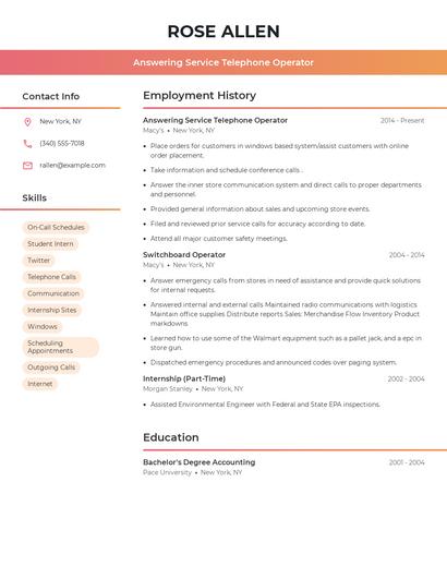 Answering Service Telephone Operator Resume