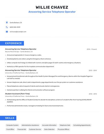 Answering Service Telephone Operator Resume