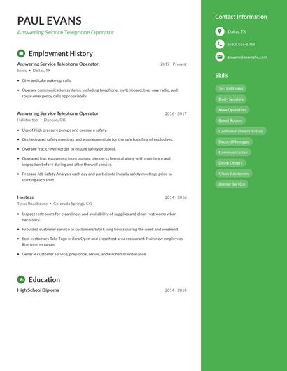 Answering Service Telephone Operator Resume