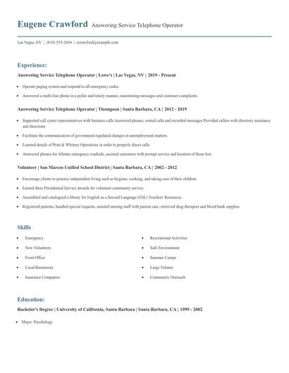 Answering Service Telephone Operator Resume